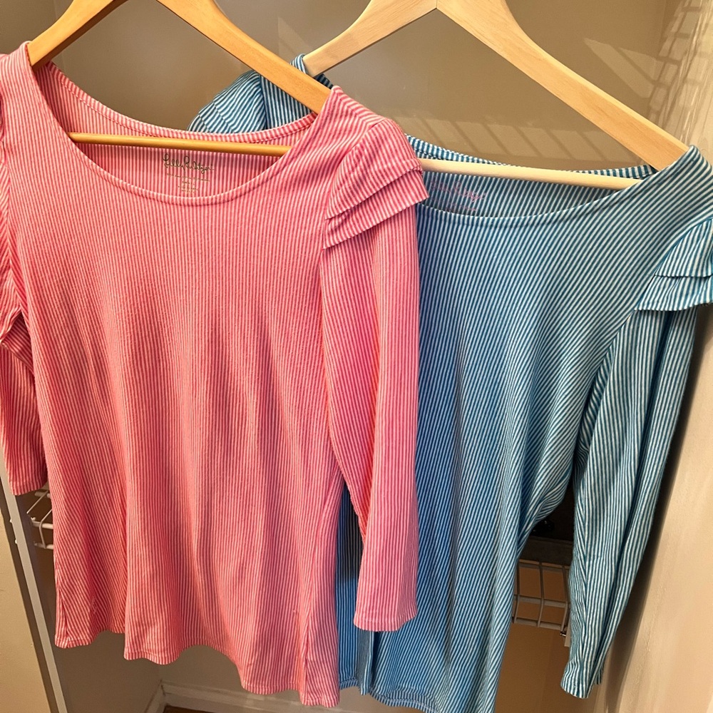 Pink and Blue Striped Women's Tops